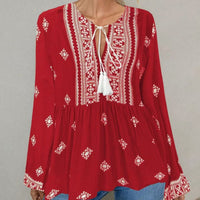 Retro National Style Half-open Collar Lace-up Loose Lantern Sleeve Shirt