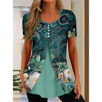 Women's Floral Print Round Neck False Two Pieces Button Short Sleeve T-shirt