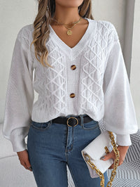 Women Casual Button Cable Knit Lantern Sleeve Pullover Sweater
