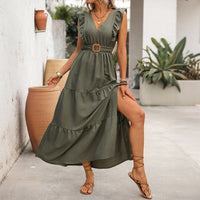 Elegant Waist-Cinched Deep V-Neck Dress For Women