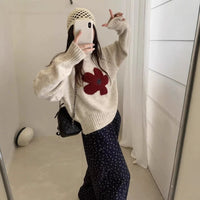 Early Autumn Versatile Casual Floral Round Neck Knitted Long Sleeve Top