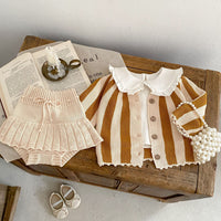 Striped Knitted Coat Culottes Two-piece Suit