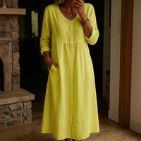 Fashionable Casual Loose Long-Sleeve Cotton-Linen Button-Up Womens Long Dress