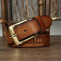 Retro Mens Belt In Genuine Leather With Brass Buckle