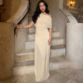 Elegant Off-the-Shoulder  Defined-Waist  Long  Solid-Colored Dress With A Slant Neckline