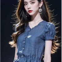 Summer French Blue Puff Sleeve Short Shirt