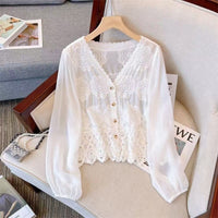 New French Style Summer Hollow-out Shirt Stitching Flying Sleeves Top