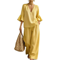 Womens V-neck Ruffle-Sleeve Top And Wide-Leg Pants Two-Piece Set