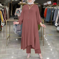 Womens Ice Silk Wrinkle-Effect Loose Solid-Colored Split Collar Shirt And Pants Set