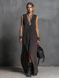 Womens Split Long Sleeveless V-Neck Dress