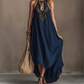 Neck-hanging Backless Maxi Sleeveless High-slit Embroidered Resort-style Dress