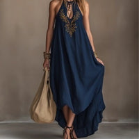 Neck-hanging Backless Maxi Sleeveless High-slit Embroidered Resort-style Dress