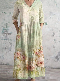 Womens 3D Floral Print Mid-Length Sleeve Dress With Patterned Background