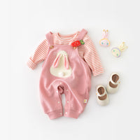 Infant Fashionable Cartoon Bunny Suspender Pants Baby Striped T-shirt Two-piece Set