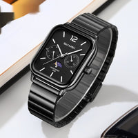 Stylish Multifunctional Square Watch With A Six-hand Moon Phase Display Designed For Business And Featuring Water Resistance