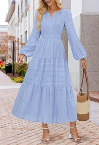 V-neck, Waist-cinched, Layered Puffed-sleeve Dress Fashionable Ruffled Maxi Skirt