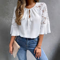 White Three-quarter-sleeve Lace-panelled Tie-front Round-neck Solid-color Garment