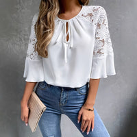 White Three-quarter-sleeve Lace-panelled Tie-front Round-neck Solid-color Garment