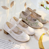 Short Heel Embroidery Frog Button 5CM Round Toe High Heels