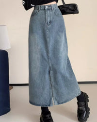 Hong Kong Style Retro Thin Denim Skirt, Mid Length For Women
