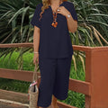Solid-color V-neck Short-sleeve Top And Wide-leg Pants