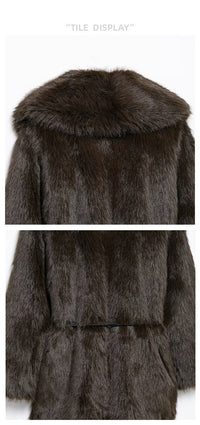 New Faux Fur Plush Lapel And Waist Tight Coat