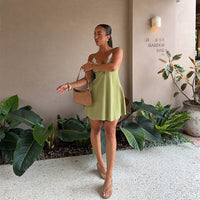 Womens Collarless Deep V-Lace Slip Dress
