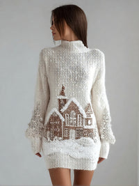 Printed Women's Slim-fit High-neck Bodycon Dress Sweater