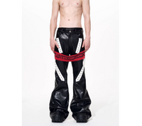 Mens Autumn Winter Color-Block Flared Leather Pants With Ribbon Design