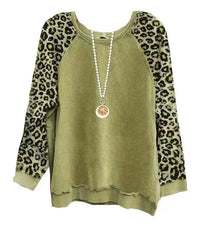 Womens Leopard-Print Patchwork Color-Block Long-Sleeve Top