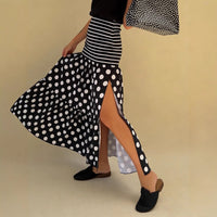 Striped And Polka-dot Long Skirt With A Slit