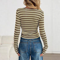 Womens Fashionable And Comfortable Striped Long-Sleeve Top