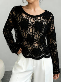 Womens Crochet Hollow-Out Knitted Pullover Top With Long Sleeves