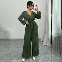 Elegant Casual Cropped Cross-V-Neck Pleated Culotte Jumpsuit