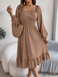 Women's Casual Solid Color Square Neck Long Sleeve Tie Waist Ruffle A-Line Dress