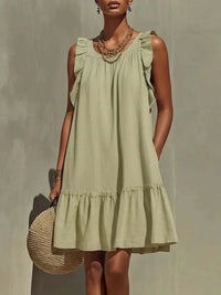 New Stylish Casual Loose Round-Neck Sleeveless Ruffle-Trim Dress
