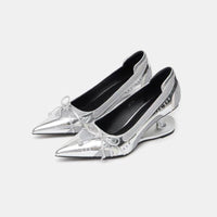 Women's Black Pointed Toe Shaped Floating Heel Mary Jane Shoes