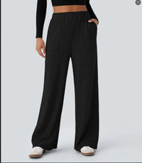 New Loose Rib-Knit High-Waist Pocket Wide-Leg Casual Pants