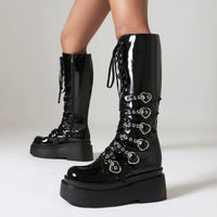 Womens Casual Chunky-Soled Punk-Style Over-the-Knee Boots With Cross-Tie Straps