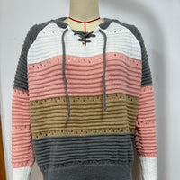 Striped Hooded Knitted Pullover Women's Casual All-matching Hollow Sweater