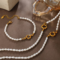 Retro Gentle And Elegant Freshwater Pearl Bracelet And Necklace Set With Stainless Steel Metal Clasps For Commuting Collar Chain