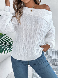Women Casual Sexy Lapel Off-Shoulder Cable Knit Long Sleeve Pullover Sweater
