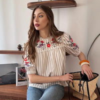 Retro Striped Floral Top French Vacation-Style Loose Shirt