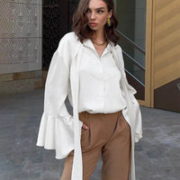 Satin Tie-neck Bell Sleeve Ruffled Tied Shirt