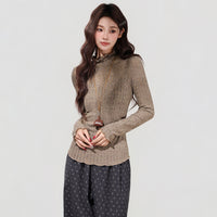Women's Brown Semi-high Neck Ruffled Waist-cinching Long-sleeved Base Shirt