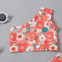 One-shoulder Girls' Summer Rose Print Bell-bottom Pants Three-piece Suit