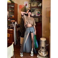 Retro Gradient High Waist Slit Denim Skirt