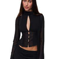 Blouse With Hollow-out Buttons And A Ribbon Tie At The Waist