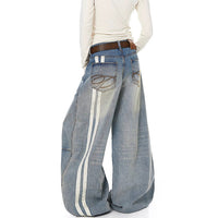 Womens Retro Washed Distressed Wide-Leg Denim Jeans In American Style