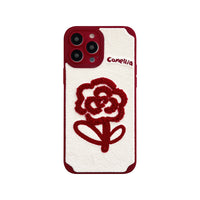 Vintage Wine Red Embroidered Camellia Flower Plush Mobile Phone Case